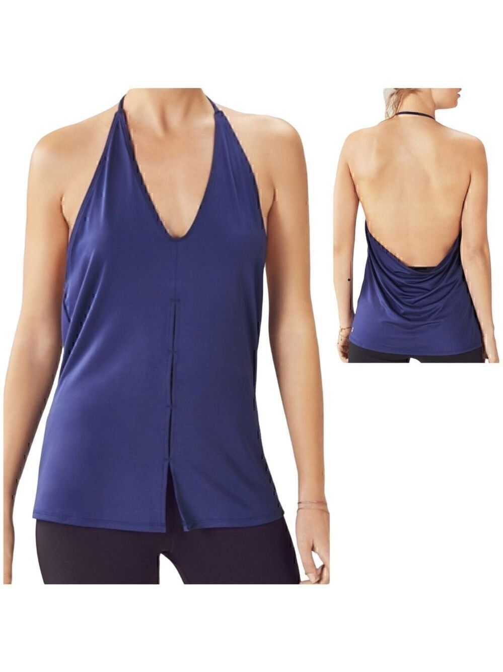 Fabletics Chiara Tank Blue Halter Neck Peekaboo Detail in Front Back Cowl Sz XS